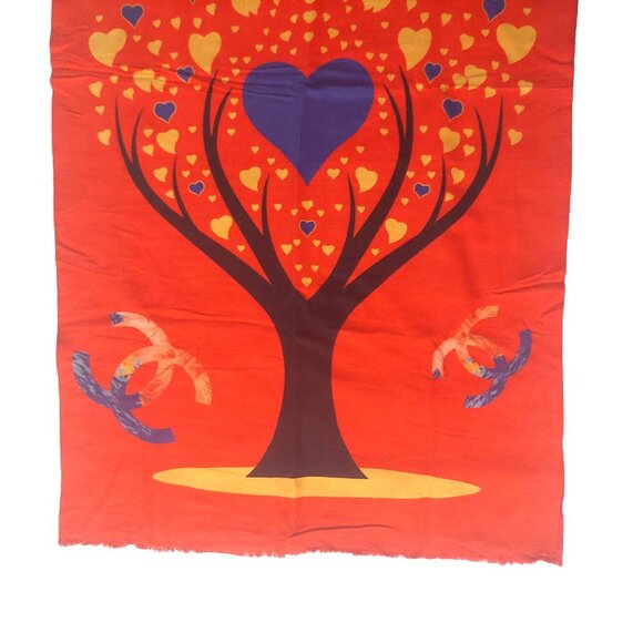Vintage Chanel Multi-Color Red Tree Hearts Print Blanket Scarf Scarves Wrap - Picture 5 of 8